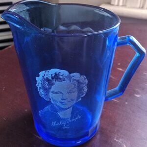 Vintage Shirley Temple Image Cobalt Blue Glass Small Handled Pitcher - Pretty